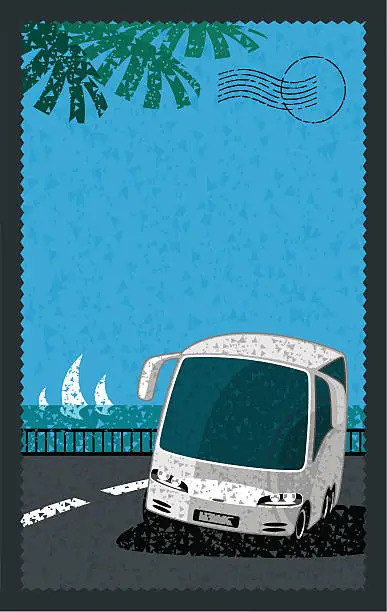 Vector illustration of postcard bus on the road near sea under palms