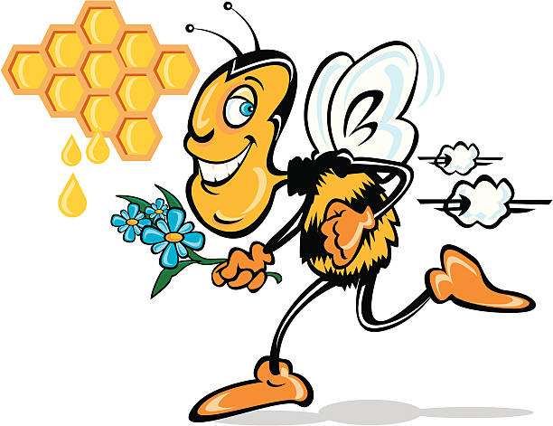Cartoon Bee Vector cartoon bee with flowers and honey comb ian stock illustrations