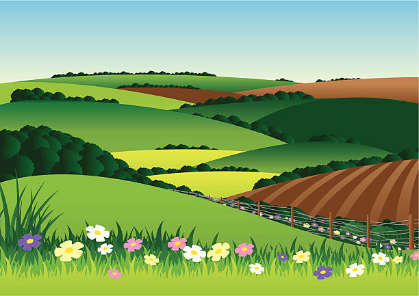 ilustrações, clipart, desenhos animados e ícones de campos e colinas - non urban scene england rural scene hill range