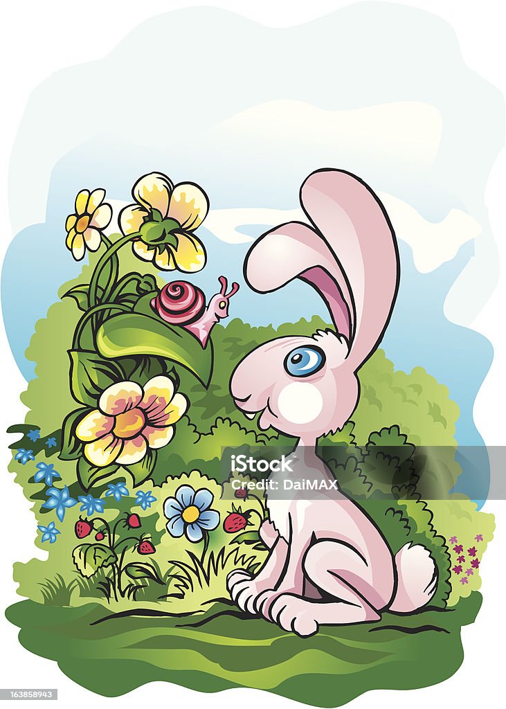 Funny Rabit On Lawn Funny rabbit on lawn speaking with snail Animal stock vector