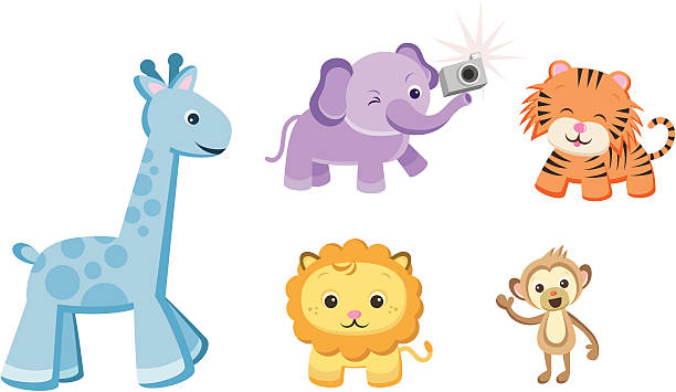 Baby Animals "Illustration of a baby giraffe, baby elephant taking a photo, baby tiger, baby lion and baby monkey waving." giraffe calf stock illustrations