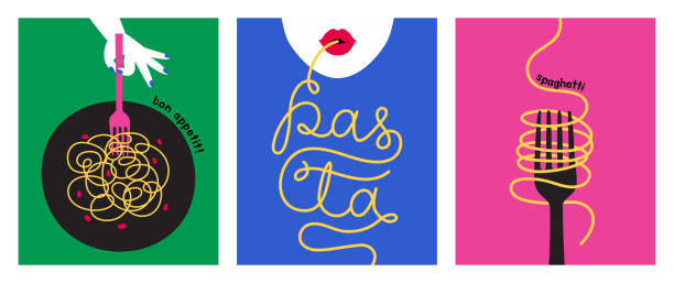 spaghetti auf einer gabel. leckeres italienisches pastaessen. abstraktes poster-set. dekoration der speisekarte des restaurants. handlettering zum weltnudeltag. bunte typografie. trandy-design. flache vektorillustration. - essen stock-grafiken, -clipart, -cartoons und -symbole