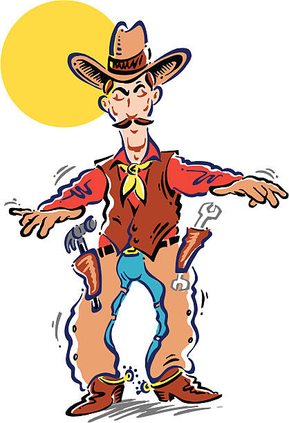 Cowboy Tradesman Cartoon cowboy with hammer and spanner in his holdsters ian stock illustrations