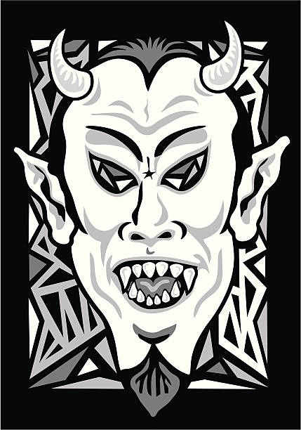 Devil Face Black & white scary horned devil face with decorative background. Vector file ian stock illustrations