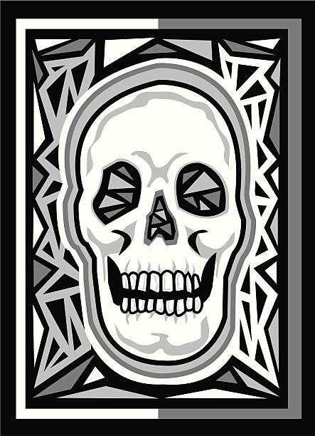 Skull with decorative background & border Cartoon style skull with decorative background & border in black and white ian stock illustrations
