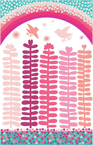 Fairy valentine forest with rainbow. vector art illustration
