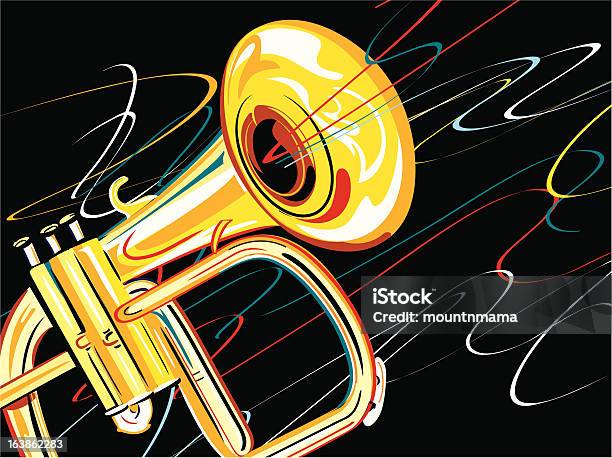 Ilustración de Latón Bocina Sobre Negro y más Vectores Libres de Derechos de Amarillo - Color - Amarillo - Color, Brass Band, Campana