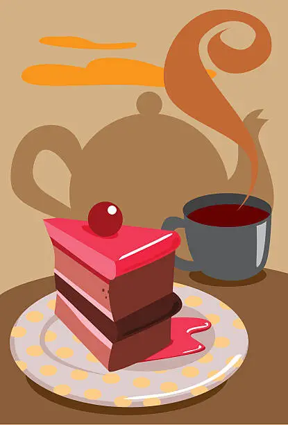 Vector illustration of A piece of red cake and a cup of coffee on a table 