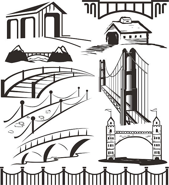 clip art różnych most w czarny i biały - covered bridge stock illustrations