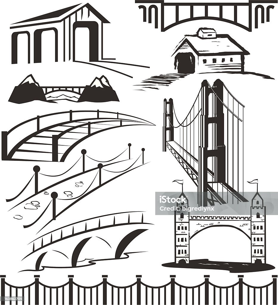 Different bridge clip art in black and white Bridge clip art Covered Bridge stock vector