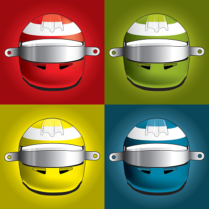 A small set of four different colored racing helmets.