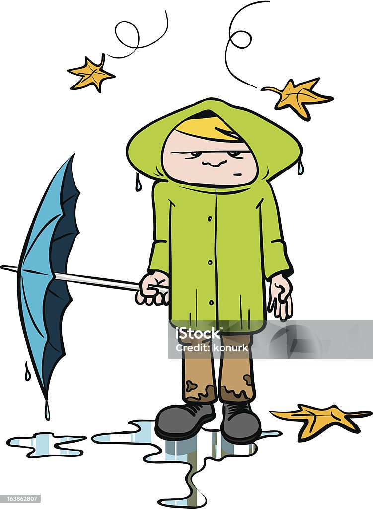 autumn guy cartoon illustration of a young man in autumn clothes on a rainy autumn day Raincoat stock vector