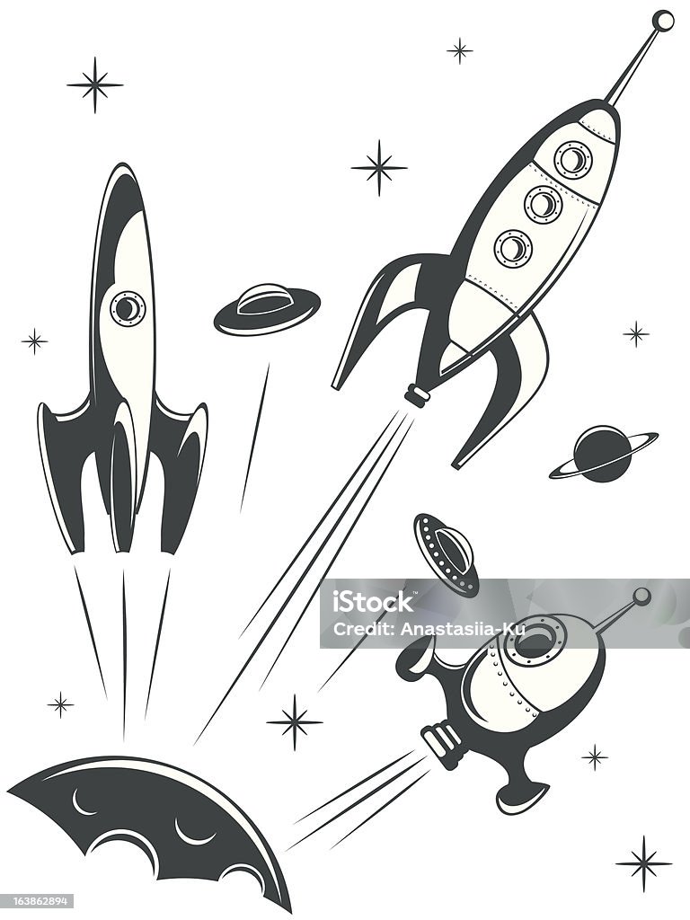 spaceship racing retro illustration of spaceships flying away from the same planet Outer Space stock vector