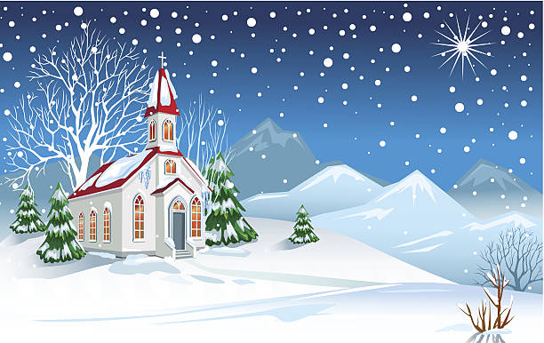Paesaggio invernale con la chiesa - illustrazione arte vettoriale