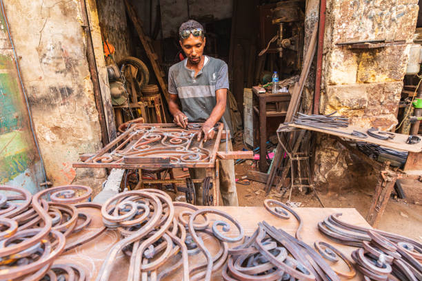 Cairo, Egypt, Africa. October 16, 2019. Metal worker at a small shop in Cairo.