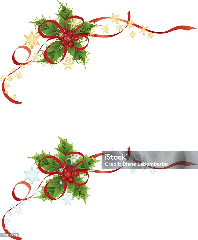 Deux Holly Design éléments d'angle avec rouge rubans et de flocons de neige - clipart vectoriel de Baie - Partie d'une plante libre de droits