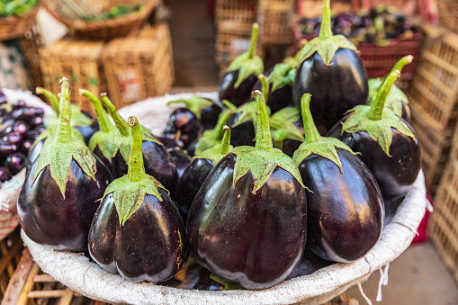 Cairo, Egypt, Africa. Eggplant for sale at an outdoor market.