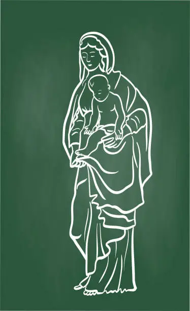 Vector illustration of Christianity Statue Virgin Marie Chalkboard