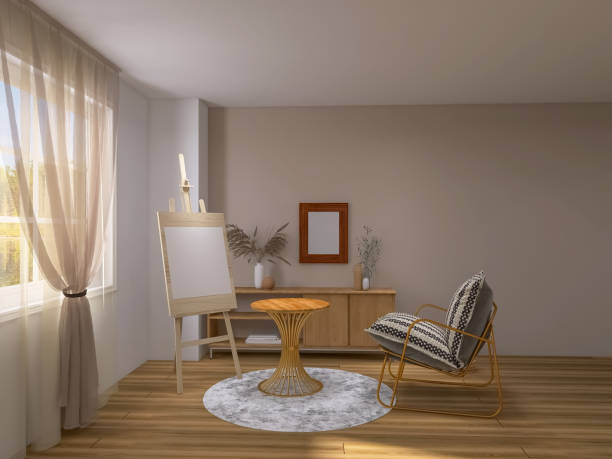 istock Living room interior design, armchair 3d render, 3d illustration 1638713805