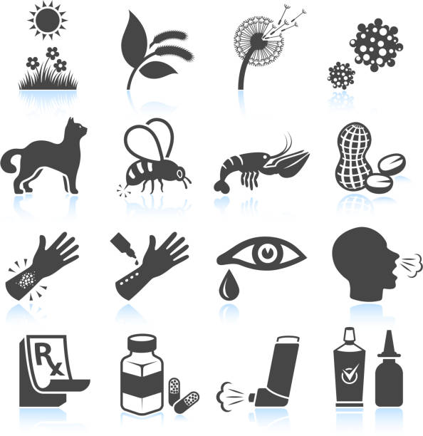 ilustraciones, imágenes clip art, dibujos animados e iconos de stock de polen naturaleza y alergias a alimentos & conjunto de iconos en blanco y negro - allergy food peanut pollen