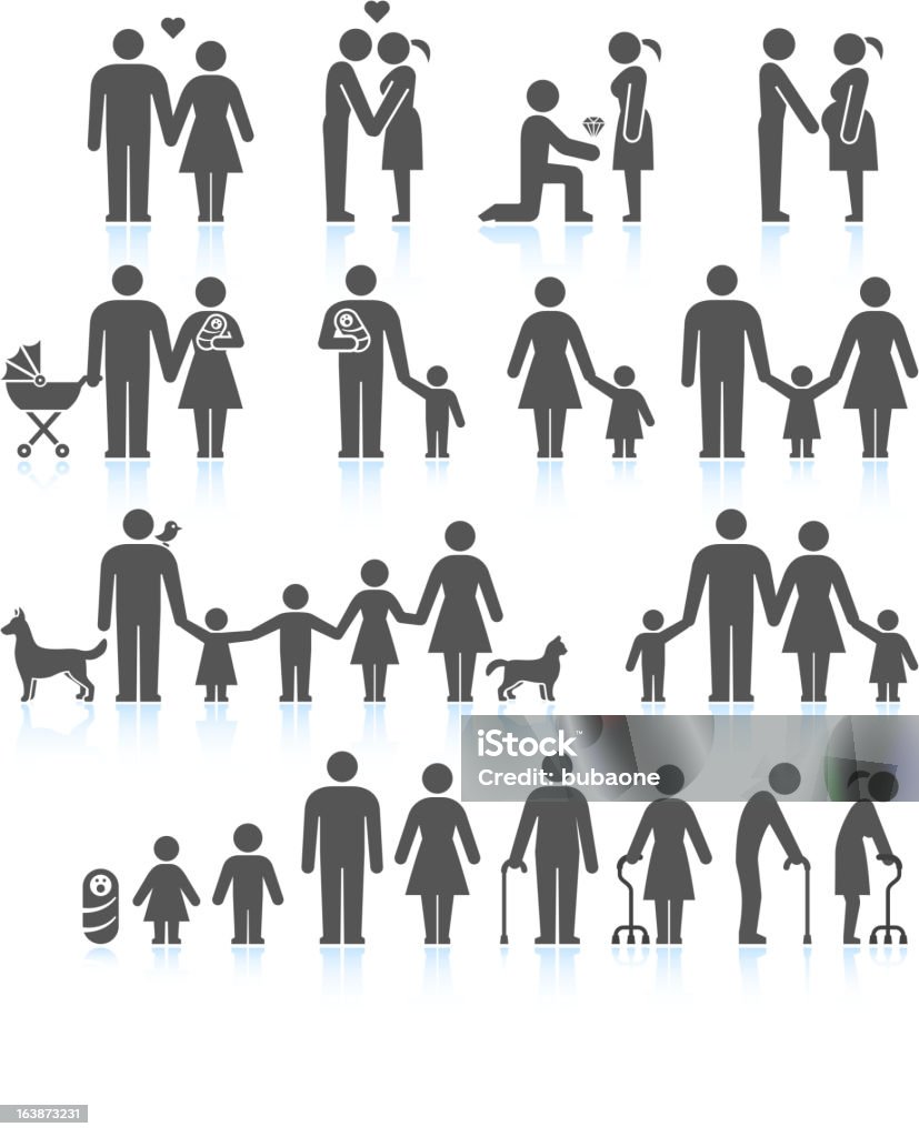 Hombres y mujeres en la vida familiar & conjunto de iconos en blanco y negro - arte vectorial de Ícono libre de derechos