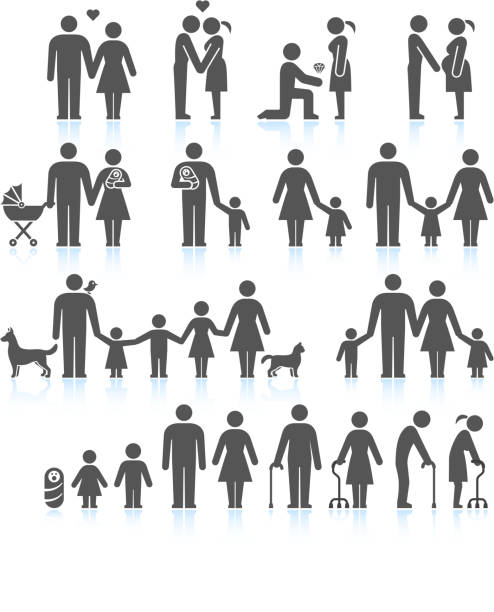 Men and women Family Life black & white icon set Men and women Family Life black & white icon set senior dog stock illustrations