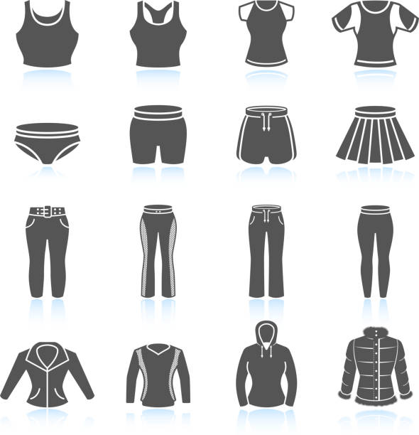 ilustrações, clipart, desenhos animados e ícones de women's sport roupas e equipamentos preto & branco conjunto de ícones - street style
