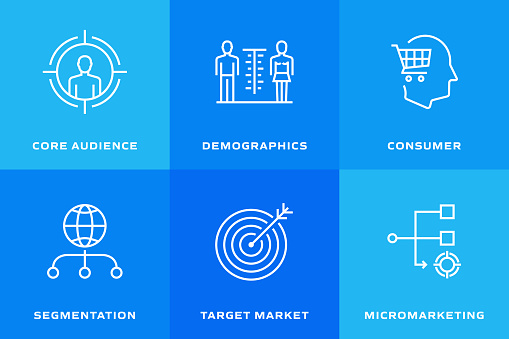 TARGET AUDIENCE Related Vector Line Icons. Outline Symbol Collection