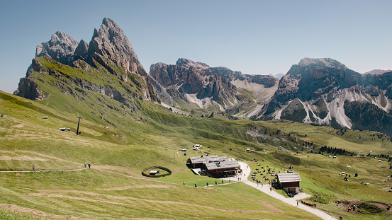 Seceda Mountain peak with green field, Dolomites Alps, Alto Adige, Italy