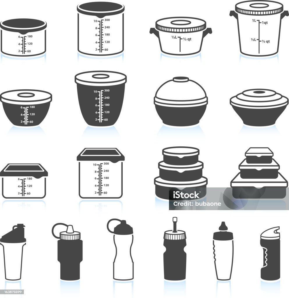 Recipientes para alimentos y líquidos negro & conjunto de iconos de vector blanco - arte vectorial de Recipiente de plástico libre de derechos