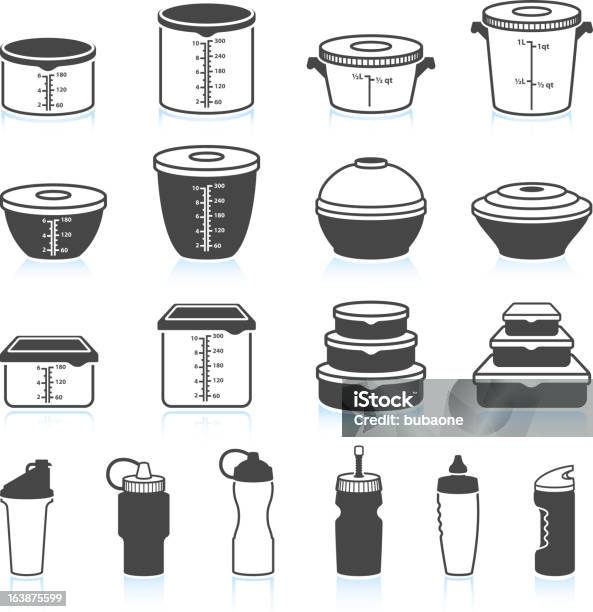 Ilustración de Recipientes Para Alimentos Y Líquidos Negro Conjunto De Iconos De Vector Blanco y más Vectores Libres de Derechos de Recipiente de plástico