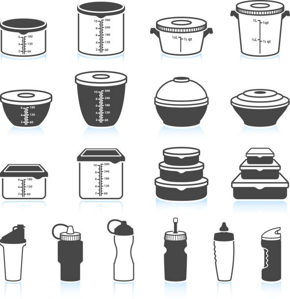 식품 및 액체 용기 블랙 & 인명별 벡터 아이콘 세트 - kitchen utensil commercial kitchen domestic kitchen symbol stock illustrations