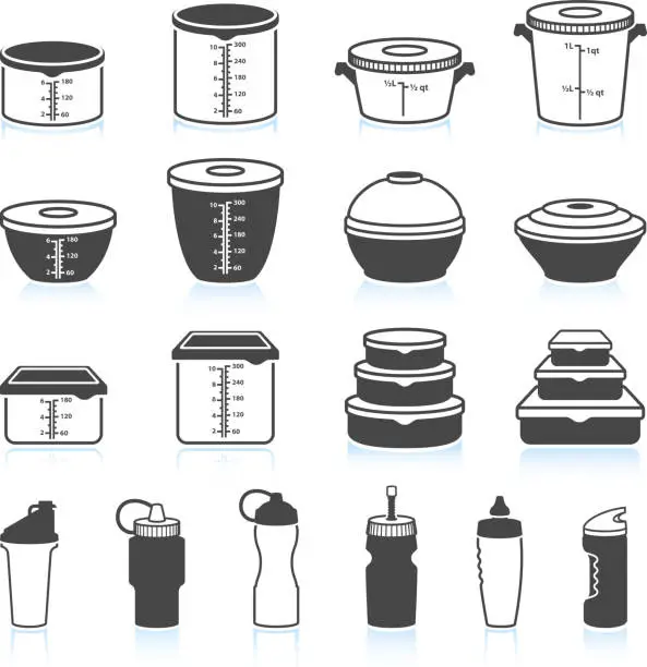 Vector illustration of Food and Liquid Containers black & white vector icon set