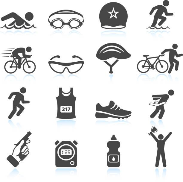 Triathlon sport event iron man vector icon set Triathlon sport event black & white icon set  swimming symbols stock illustrations
