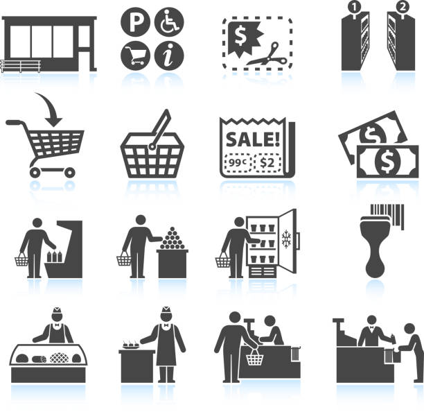 illustrations, cliparts, dessins animés et icônes de supermarché expérience et service d'achat de denrées alimentaires ensemble d'icônes vectorielles libres de droits - passage en caisse
