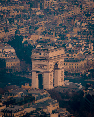 aerial view of the Arc de Triomphe in the city of Paris in Paris, Île-de-France, France