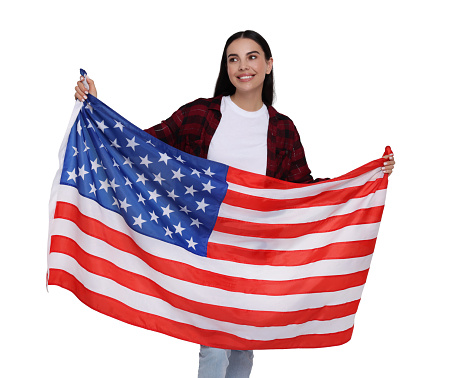 4th of July - Independence day of America. Happy woman holding national flag of United States on white background