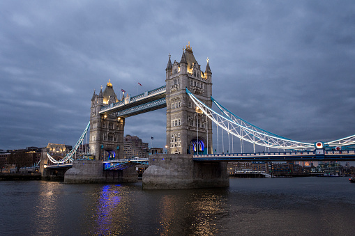 Beautiful view to old historic Tower Bridge over Thames River in London, England, United Kingdom
