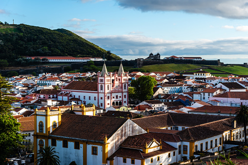 Panoramic Aerial View of the old Town of Angra do Heroismo in Angra do Heroísmo, Azores, Portugal