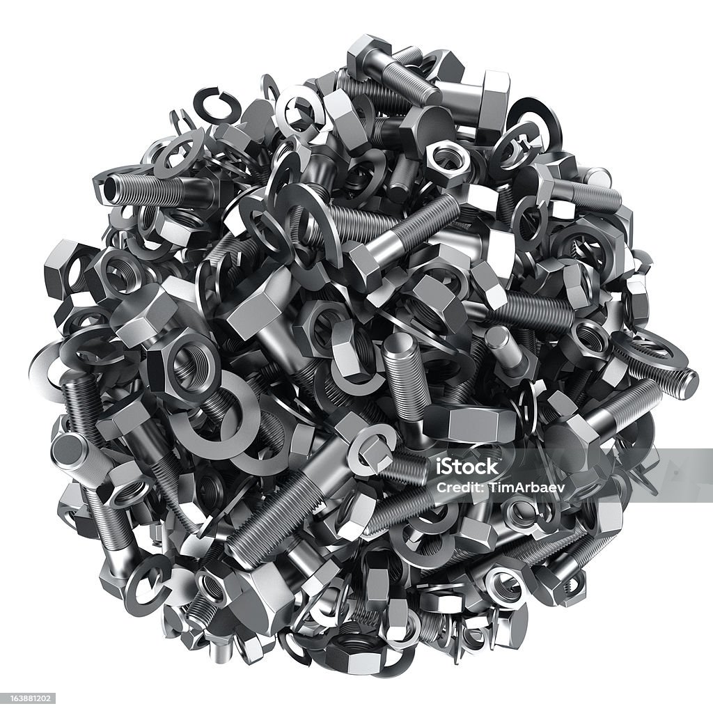 Construction ball Big sphere made from many metal nuts and screws Bolt - Fastener Stock Photo