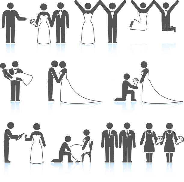 ilustraciones, imágenes clip art, dibujos animados e iconos de stock de novia y el novio boda negro & conjunto de iconos blancos - wedding reception wedding bride bridesmaid