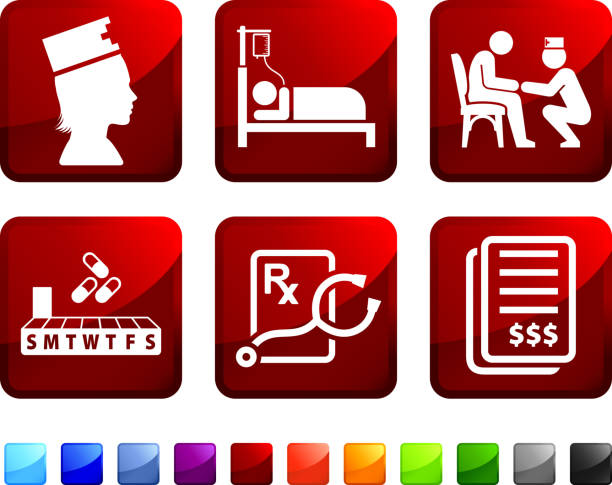 Medical Care in Nursing Home vector icon set stickers Medical Care in Nursing Home sticker set  pill organizer stock illustrations