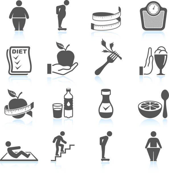 weight loss exercise diet and gym ector interface icon set weight loss black & white icon setGym workout and weight lifting black & white icon set exercise class icon stock illustrations