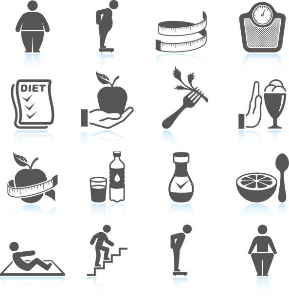 weight loss exercise diet and gym ector interface icon set weight loss black & white icon setGym workout and weight lifting black & white icon set man hand holding fork stock illustrations