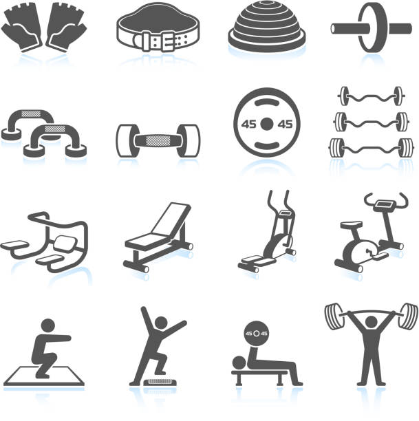 Gym workout and weight lifting black & white icon set Gym workout and weight lifting black & white icon set clean and jerk stock illustrations