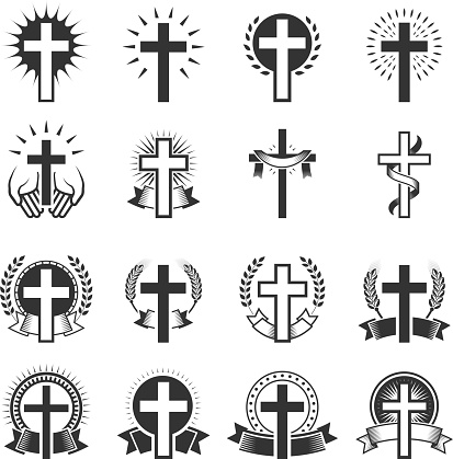 Christian Cross black and white icon set