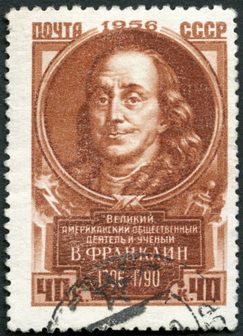 USSR 1956 postage stamp printed in USSR shows Benjamin Franklin (1706-1790), series Great personalities of the world, circa 1956