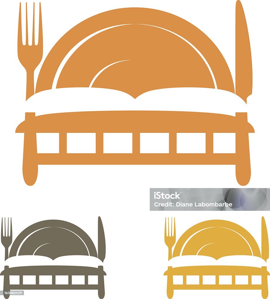 Bed & Breakfast or Food with Lodging Icon Set Bed & Breakfast or Food & Lodging Icon set of three.  There is one  large bed with a plate as the head board and dinner fork as the left leg and dinner knife as the right leg at the top in peach.  Underneath is two smaller beds exact with exception one is khaki and one beige.  Copy space on the dinner plate headboard.The white of the pillows exists n the two color version but is removed in the lower left version to make it a stencil style. Icon Symbol stock vector