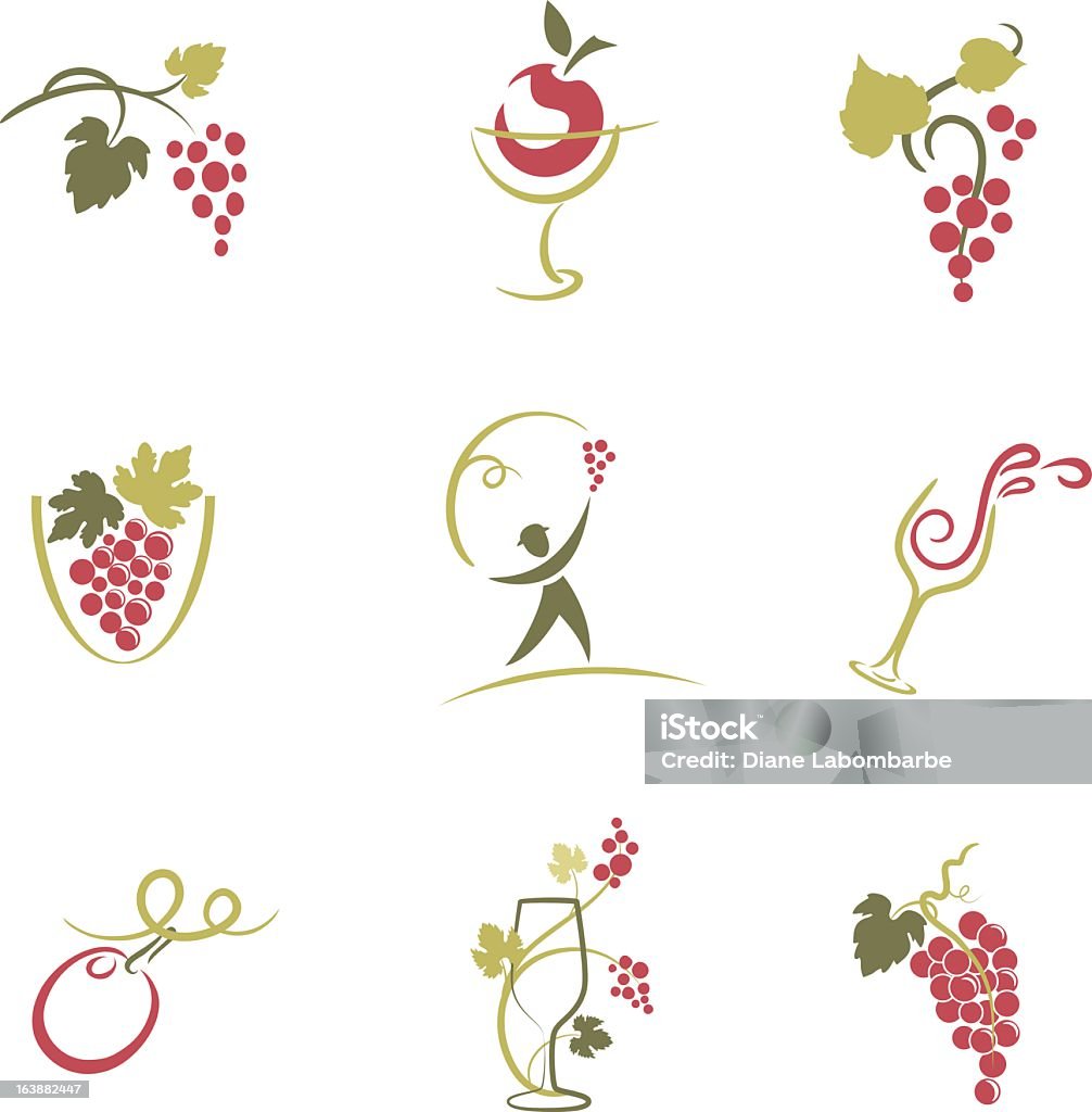 Satz von neun skizzierte Grapevine und Wein-Elemente Symbole Illustrationen - Lizenzfrei Rankenpflanze Vektorgrafik
