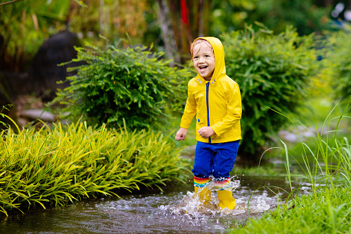 Kid playing in the rain in autumn park. Child jumping in muddy puddle on rainy fall day. Little boy in rain boots and yellow jacket outdoors in heavy shower. Kids waterproof footwear and coat.